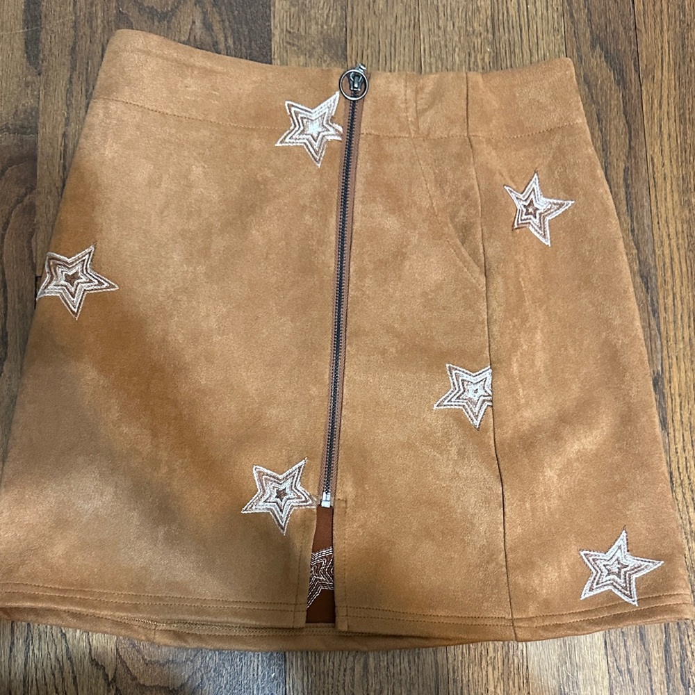 Tan Suede Star-Embroidered Mini Skirt